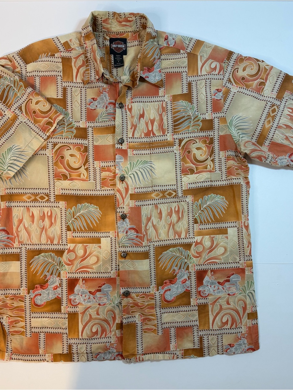 Vintage Harley Davidson Mens Large Orange Hawaiian Short Sleeve Shirt
